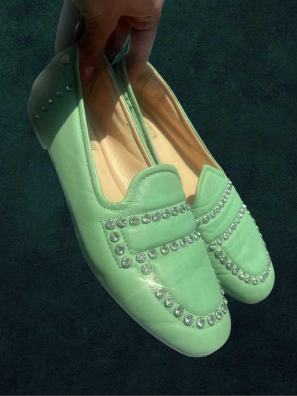 AGL mint green leather loafers with crystal embellishment trim